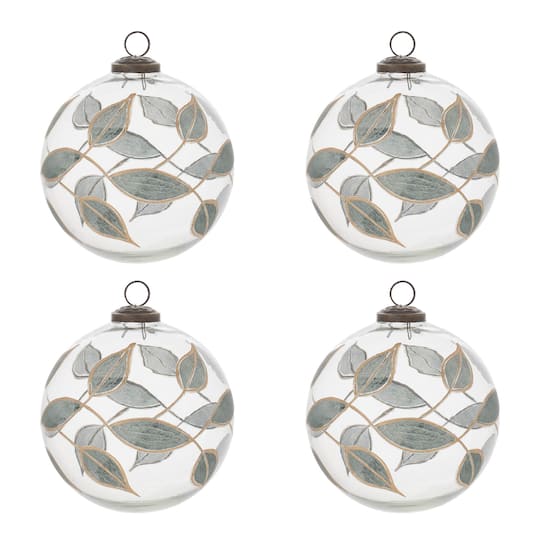 Melrose 5.5" White & Green Leaf Etched Ball Ornaments, 4ct. | Michaels®